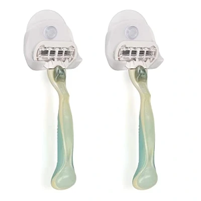 Imagen de kwmobile 2x Soporte para maquinilla de afeitar con ventosa Set organizador adhesivo el baño vidrio y azulejos blanco