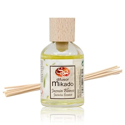 Imagen de Ambientador Mikado Jazmín Blanco 50ml SYS Aromas. Difusor de Varillas Perfumadas. Con palitos Ratán. Aroma floral y dulce. Fragancia duradera.