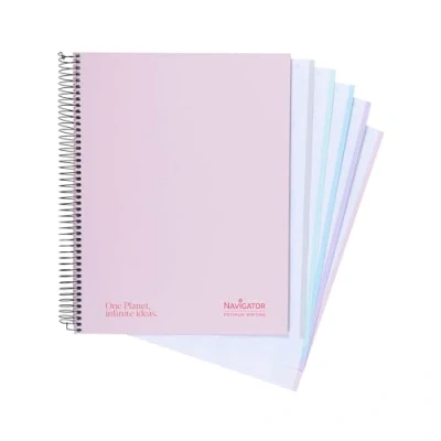 Imagen de Navigator Cuaderno A4+ Línea Tapa Extradura Rosa Pastel Borde 5 Colores Papel 80g 120 Hojas Microperforadas 4 Taladros Espiral Cierre Coil Lock Premium Writing