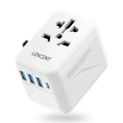 Imagen de LENCENT Adaptador Viaje Universal, Cargador Internacional con 3 Puertos USB y Carga PD Tipo C para Móvil, Portátil, Enchufe Más de 200 Países (USA, UK EU AUS), Blanco