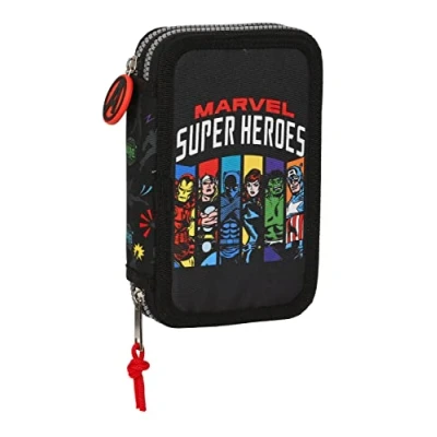 Imagen de AVENGERS Super Heroes Estuche Escolar Niño, con Colores, 28 Útiles Incluidos, Ideal para Niños de 5 a 14 Años, Cómodo y Versátil, Calidad Resistencia, 12.5x4x19.5 cm, Color Negro