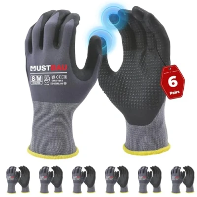 Imagen de Mustbau 6 Pares de Guantes Trabajo con Pantalla Táctil y Puntos Negros, Nitrilo Resistentes a la Abrasión Ventilados, Ideales para Trabajo, Jardinería, Mecánica, Construcción (Gris,M)