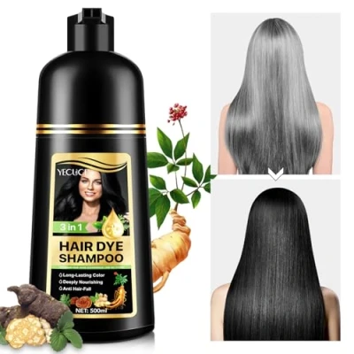 Imagen de Hair Dye Shampoo 3 en 1, 500ML Champu Tinte Canas para el cabello, Coloración del Color de larga duración hombres y mujeres (Negro)