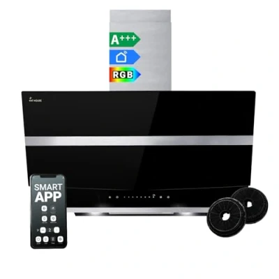 Imagen de Campana extractora de 80 cm pared con altura vertical acero inoxidable vidrio negro WiFi apagado automático Iluminación LED RGBW Control táctil HERMES8005SM