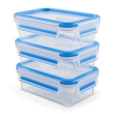Imagen de Emsa 508570 Set de 3 herméticos plástico, Clip&amp;Close, capacidad 0,55 litros, color transparente y azul, tamaño 4.5 x 8 15.5 cm