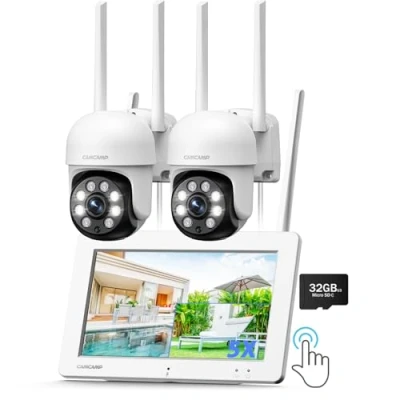 Imagen de CAMCAMP Kit Cámaras de Vigilancia Exterior con Monitor, 3MP 7&quot; Táctil NVR Monitor 32GB Micro SD, 360 PTZ Color Visión Nocturna, Detección Movimiento, 2 Vías Audio, App Remoto Alerta, IP66