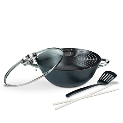 Imagen de GSW 860956 Set de Wok, con Tapa Cristal, 5 Piezas, 6,2 L, 32 cm, Hierro Fundido, Color Negro