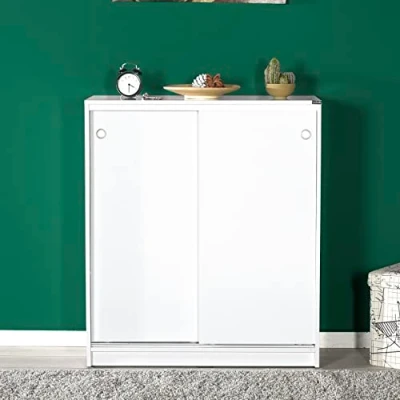 Imagen de Buyqualia Armario bajo Puertas correderas con estantes Multiusos Zapatero estantería Oficina (White)