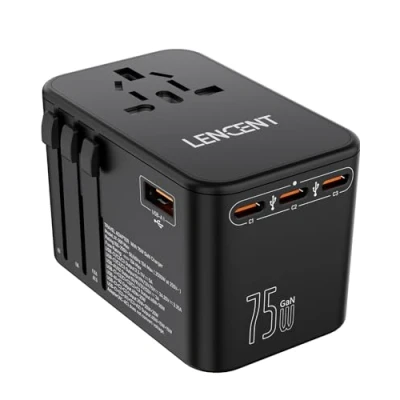 Imagen de LENCENT Adaptador Enchufe Universal GAN 75W, Cargador Internacional con 3 PD3.0 Tipo C+2 QC USB A Carga Rápida, de Viaje para Móvil, Tableta, Portátil (USA/UK/EU/AUS), Negro