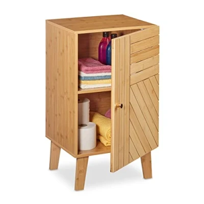 Imagen de Relaxdays Mueble de Baño Pie Hecho Bambú, Balda Ajustable, Puerta Montaje Variable, 70 x 40 37 cm, Natural, Tablero Fibras