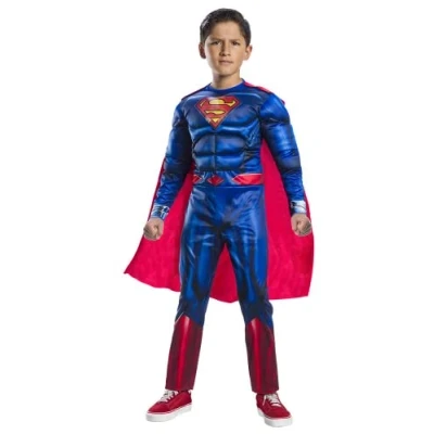 Imagen de Rubies Disfraz Superman Black Line Deluxe para niños, Jumpsuit con pecho musculoso y capa, Oficial DC Comics, Warner Bros Halloween, Carnaval, Navidad cumpleaños, 702263 S