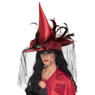 Imagen de Smiffys Sombrero de bruja, Rojo oscuro, con tul y plumas, lujo