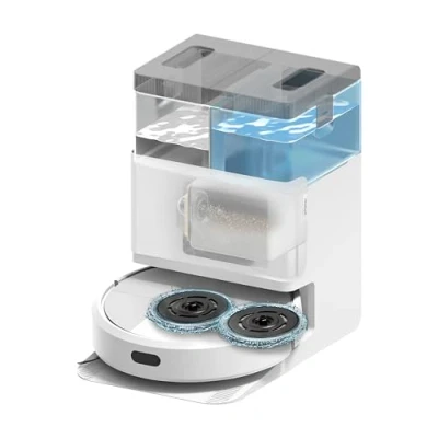 Imagen de iRobot Roomba Plus 405 Combo con Base AutoWash multifunción y autolimpiable, lavado secado mopas DualClean elevables, ClearView LiDAR,75 días de autovaciado, doble fregado SmartScrub, App,Blanco