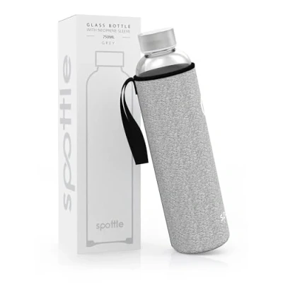 Imagen de Spottle Botella de Agua Vidrio con Funda Neopreno, Borosilicato Apta para Lavavajillas, Adecuada Todas las Bebidas, Libre BPA, 750ml
