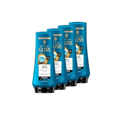 Imagen de Gliss Kur acondicionador Aqua Revive (4 x 200 ml), con complejo hialurónico y algas marinas para cabello normal a seco que aporta una dosis extra de humedad brillo saludable