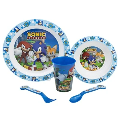 Imagen de Set vajilla infantil reutilizable apta para microondas compuesta por vaso, plato, cuenco y cubiertos de Sonic