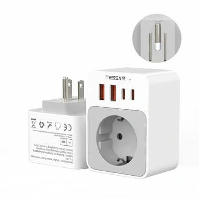Imagen de TESSAN Adaptador Enchufe USA, 5 en 1 Americano con 2 USB C y A, 1875W a Español Compacto Plegable, Carga rápida 20 W para USA Mexico Canada