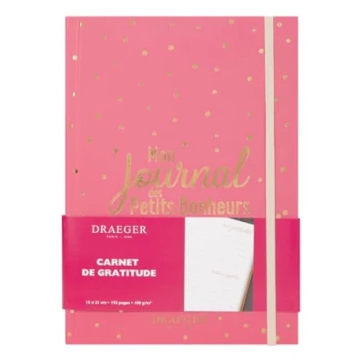 Imagen de Draeger Journal des Petit Bonheurs Cuaderno de notas y pensamientos positivos Tapa rígida con cierre elástico 15 x 21 cm Rosa oro