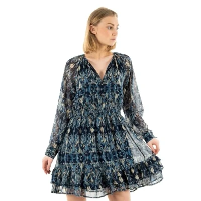 Imagen de ONLY Onlviva Life L/S Layer Dress Ptm Vestido de Verano, Forever Blue/AOP:Ethnic Rebel, L para Mujer