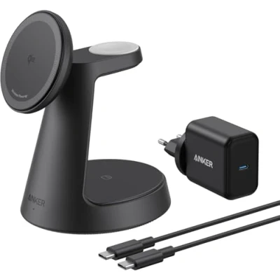 Imagen de Anker MagGo Cargador Inalámbrico Magnético 15W(Soporte de Carga), 3 en 1 con Certificación Qi2 Compatible MagSafe, para iPhone 16/15, Apple Watch, AirPods Pro y más(Adaptador Incluido)