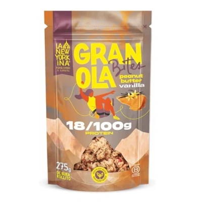Imagen de la NEWYORKINA BITES Granola Peanut Butter Vainilla con copos de avena y crema cacahuete. el profundo sabor mantequilla cacahuete toque perfecto vainilla. 275gr