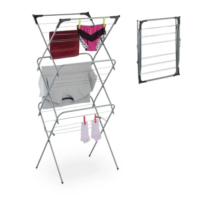 Imagen de Relaxdays Tendedero Torre Plegable, Tendal con 18 Barras, 136 x 62 51 cm, Tenderete para Interiores, Metal, Gris, Hierro