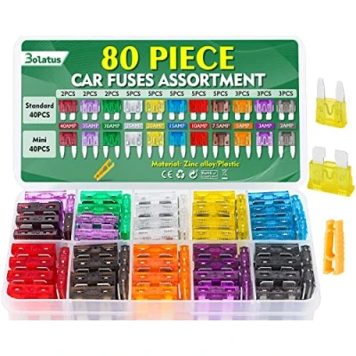 Imagen de Bolatus 80Pcs Fusibles Coche Kit, Mediano y Mini Pequeños Fusible 2A 3A 5A 7.5A 10A 15A 20A 25A 30A 35A 40A Automóvil para Moto Caravanas Furgoneta +Fusibles Clip