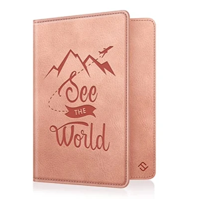 Imagen de Fintie Funda para Pasaporte Cartera con Bloqueo RFID, Tarjeta de Crédito, Tarjetas Visita, Pases Embarque, Médica Vintage Rosa