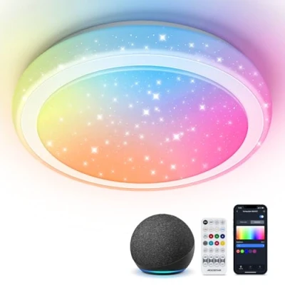 Imagen de Aigostar Mesh Plafon LED Techo Bluetooth Mesh, 36W, 3960LM, 3000K 6500K y RGB regulable, IP44, Φ50CM, Plafón Inteligente Compatible con Alexa, Lampara Alexa para Salon/Dormitorio/Baño