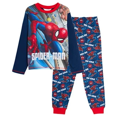 Imagen de Marvel Pijama de Spiderman para niños, diseño Los Vengadores, conjunto camiseta y pantalones descanso con puños, azul marino, 4 5 Años