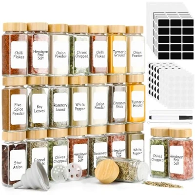 Imagen de Lannvan Botes Especias Cristal, [24x 120ml] Cuadrado Tarros con Tapas de Bambú, Frascos Especiarias Spice Jars para Tamiz, Etiquetas, Cepillo, Embudo