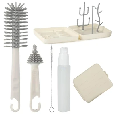 Imagen de FHISKUNYU Cepillo Limpia Biberones Portátil Set 7 en 1 con Caja, Biberones, Tetinas 3D, Pajitas, Escurre Dispensador Detergente Kit Limpieza