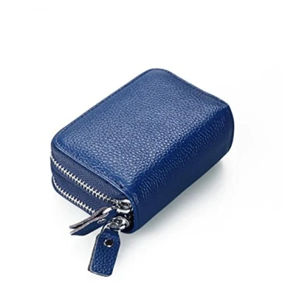 Imagen de AprinCtempsD RFID Cartera Tarjeteros Piel Genuino Monedero Pequeñas Portatarjetas Mini Cremallera para Mujer Hombre (Azul)