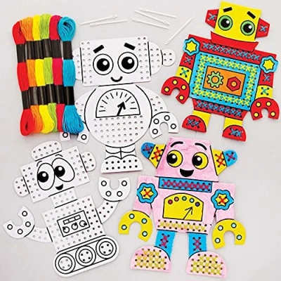 Imagen de Baker Ross FE410 Kits punto de cruz Robot para Colorear Paquete 6, costura principiantes, haz el tuyo propio niños, niños
