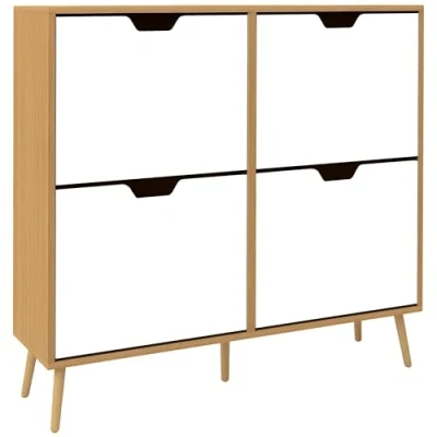 Imagen de HOMCOM Mueble Zapatero con 4 Cajones Abatibles y Estantes Ajustables Armario de Zapatos Pasillo para 16 Pares Estrecho Entrada 95x26x95 cm Natural