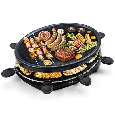 Imagen de Raclette Grill Parrilla Electrico per 8 Persone Portatil Barbacoa Electrica Plancha Cocina con Mini Sartenes e 2 Espátulas de Madera Parrillas Electricas Control Temperatura Pascua Variable 1300W