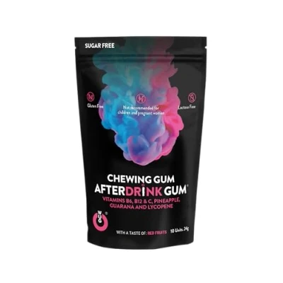 Imagen de WUGUM Chicle AfterDrink Funcional para revitalizar la mente y el cuerpo Aliviar resaca, dolor cabeza cansancio Sabor a Frutos rojos Recomendación 2 chicles/día Contiene 10 chicles