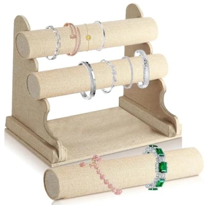 Imagen de Expositor de joyas, pulseras, soporte pulsera terciopelo con 3 niveles extraíbles, para brazaletes, pulsera, relojes, collares (caqui)