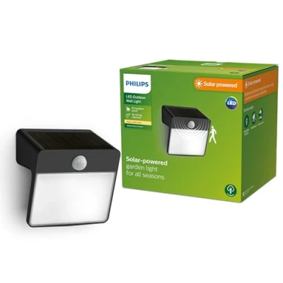 Imagen de Philips Lighting Aplique pared Exterior Yarixa, alimentación solar, 2.2W, 2700K, negro, sensor movimiento, resistente a intemperie IP44