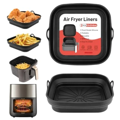 Imagen de Alyvisun Moldes Silicona Freidora de Aire, 2 Piezas Bandeja Accesorios para sin Aceite Reutilizable Recipientes Cuadrado Cesta Utensilios Air Fryer, Microondas, Horno (Negro)