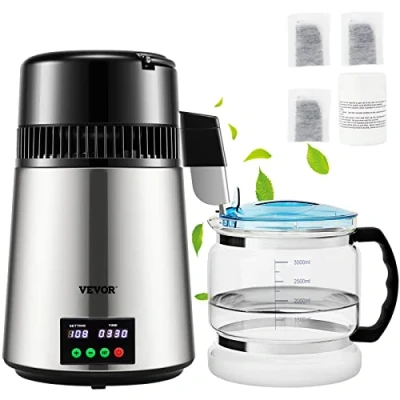 Imagen de VEVOR Destilador de Agua 4 L Filtro Destilación con Recipiente Vidrio 750W 1 L/H Ajuste Velocidad, Purificador 7,9 lbs Acero Inoxidable Pantalla Doble, Plata