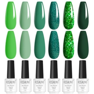Imagen de ROSALIND Esmaltes Semipermanentes Para Uñas en Gel UV LED, 6 Colores Verde Oscuro Claro Glitter Pintauñas Principiantes Manicura