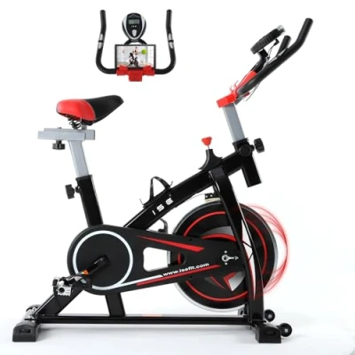 Imagen de ISE Bicicleta Estática Indoor, Volante de Inercia 9KG, Bici Estatica Ajustable Resistencia, Profesional con Pantalla,Soporte, Sillín y Asa Ajustablesa, Max.120KG