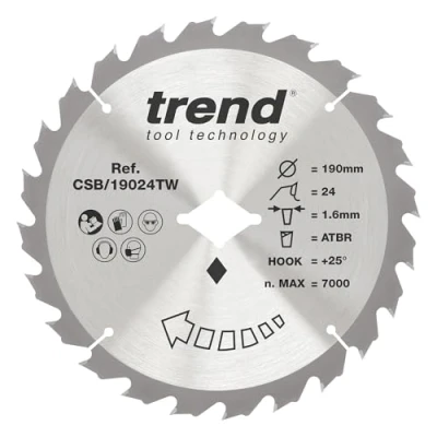 Imagen de Trend Craft Pro Thin Kerf TCT Wormdrive Hoja de sierra circular, 190 mm x 24 dientes 5/8 pulgadas diámetro interior, polígono, punta carburo tungsteno, CSB/19024TW
