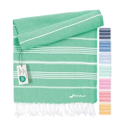 Imagen de Fit Flip Toalla Hammam Toallas de Playa Grandes algodón 100% Reciclado turca Secado rápido, Fouta, Grande pestemal Ideal como Sarong Verde 100x200cm Sultan