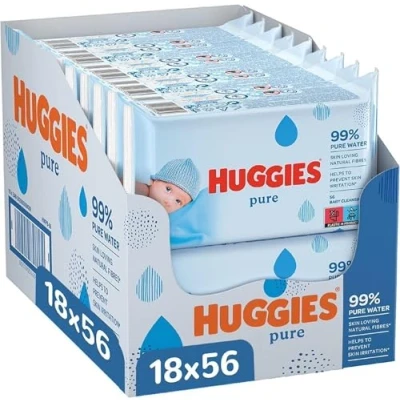 Imagen de Huggies toallitas pure para Bebé, 99% agua, 1008 (18 packs de 56 toallitas)