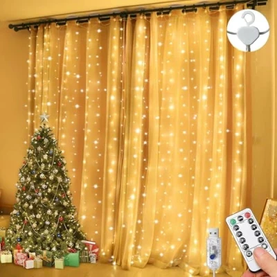 Imagen de luces de cadena cortina impermeables, 3 m x 300 LED ventana hadas con 8 modos control remoto temporizador brillo ajustable, fiesta, boda (blanco cálido)