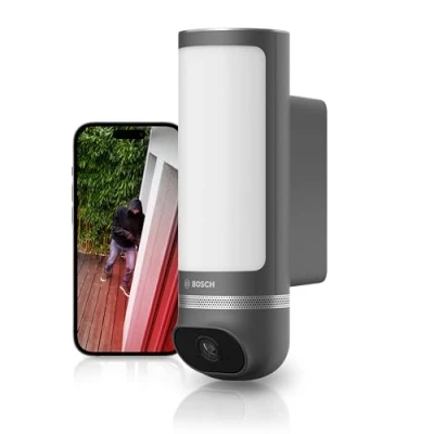 Imagen de Bosch Smart Home cámara Exterior II, vigilancia Exterior, IP, resolución 1080p Full HD con Sirena integrada y lámpara de diseño, Compatible Amazon Alexa, Antracita