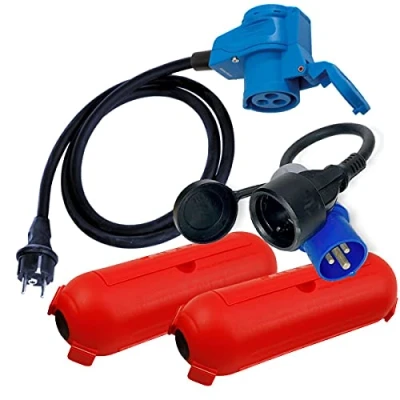 Imagen de IntuiFlex CEE Cable adaptador enchufe camping acodado 1,5/0,3m, con toma de corriente Schuko e protector enchufes exterior, juego camping, barco, caravana, autocaravana H07RN F 3 x 2,5 mm² 230V 16A