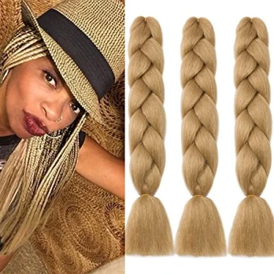 Imagen de 60cm Pelo Sintetico para Trenzas Africanas Extensiones de Cabello Jumbo Braids Crochet Braiding Hair Extensions 3PCS (Rubio oscuro)